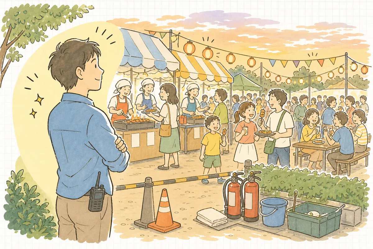 夏の夕方、模擬店に火が入り来場者が楽しむ会場を安心した表情で見守るイベント制作ディレクター
