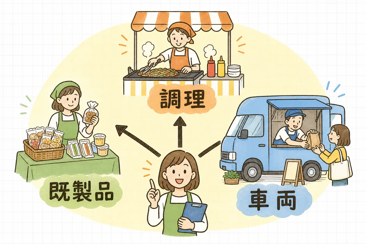 イベントの食品提供で「調理して出す」「既製品を売る」「キッチンカー」の3つに応じて必要な保健所手続きが分かれることを示した概念図