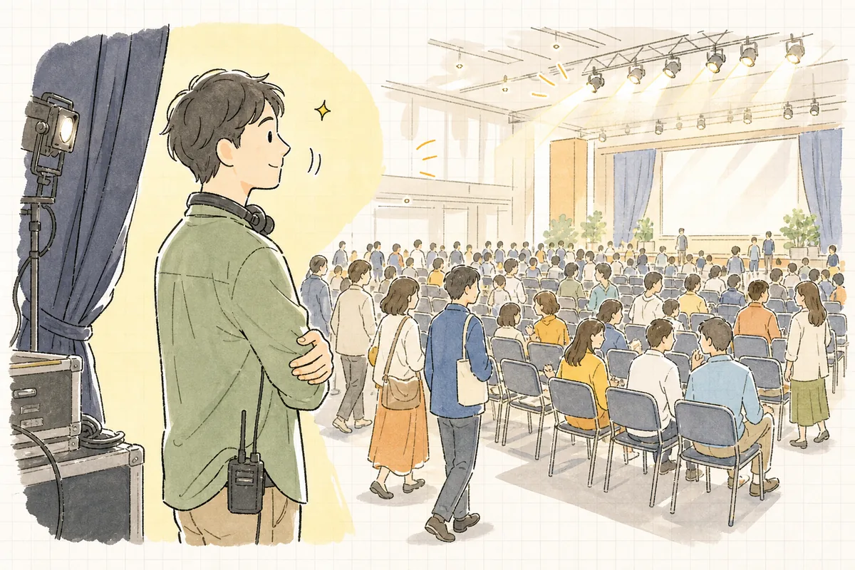 開場前の会場に来場者が集まり始め、席が埋まっていく様子を見て穏やかに前を向くイベント制作ディレクターの明るい表情