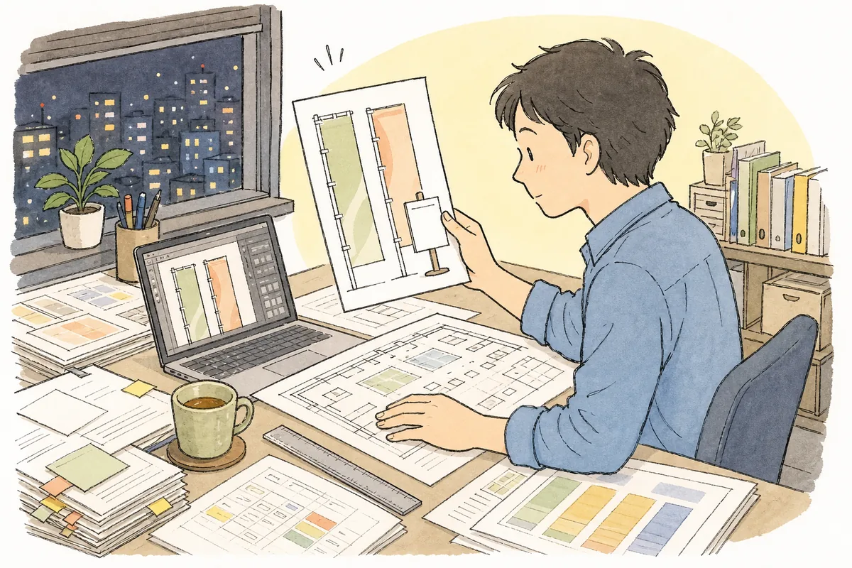 夜の事務所で、会場図面と制作物リストを机に広げ、サインや看板の原稿を一つずつ確かめながら入稿の準備を進めているイベント制作ディレクター