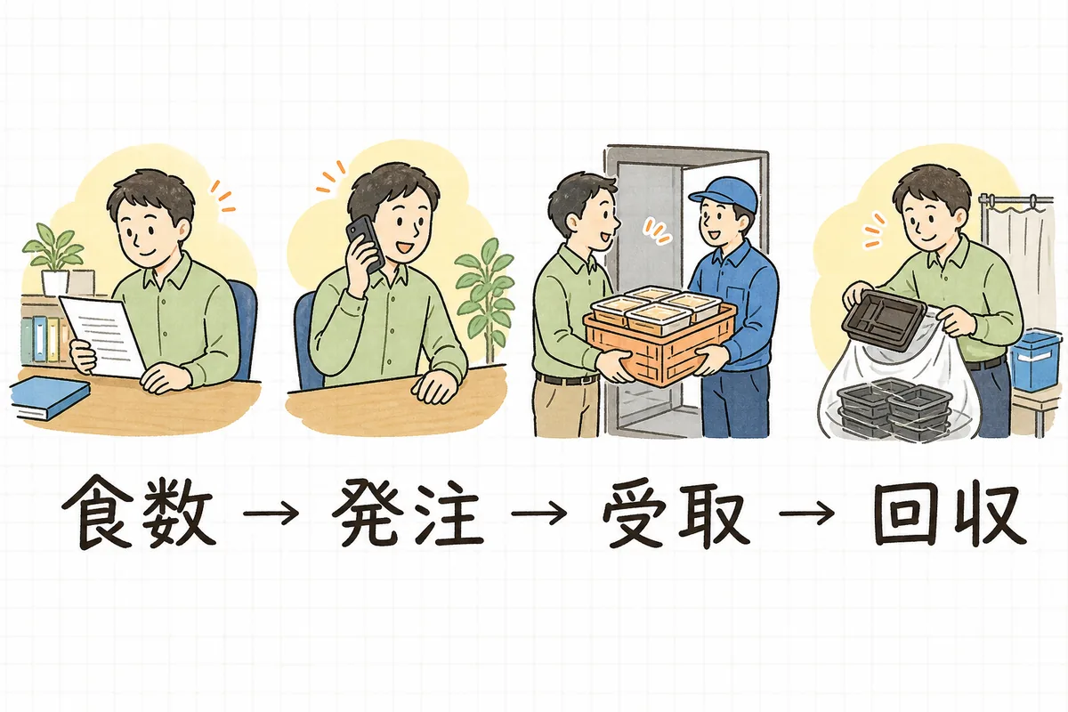 スタッフ弁当の段取りを左から4つの場面で並べた図。名簿を見て数を数える場面、電話で注文する場面、搬入口で弁当の箱を受け取る場面、食べ終わった容器をゴミ袋に集める場面