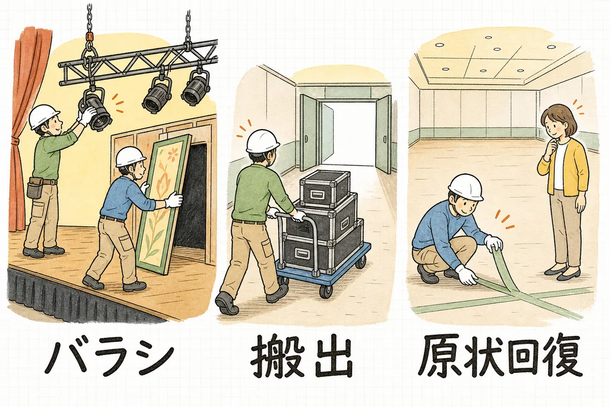 撤収を「バラシ」「搬出」「原状回復」の3つの帯に分けて、それぞれの作業風景を左から右へ並べた図