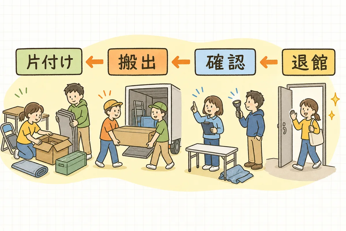 退館時刻から逆算して撤収の各作業を時間に割り付けた撤収タイムラインの概念図