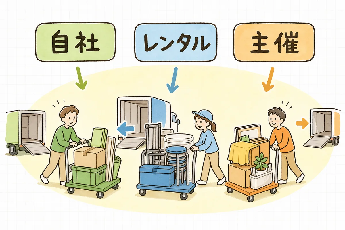 搬出する物を自社機材・レンタル機材・主催者物の3つに仕分けて出すことを示した図