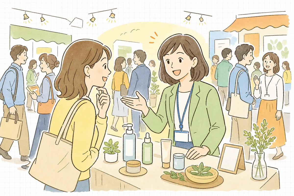 展示会の会期中、来場者がブースに立ち寄って担当者と笑顔で話している明るい場面