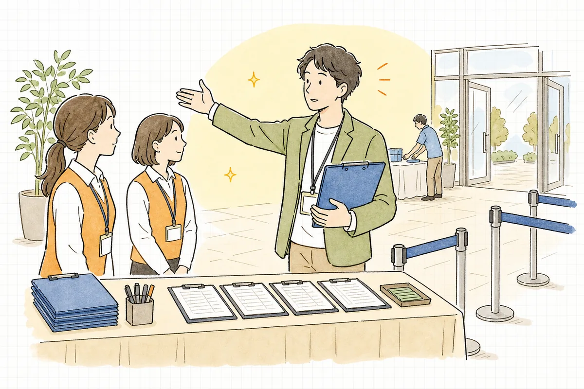 開場前のイベント受付カウンターで、名簿とレイアウトを確認しながらスタッフに立ち位置を指示するイベント制作ディレクター