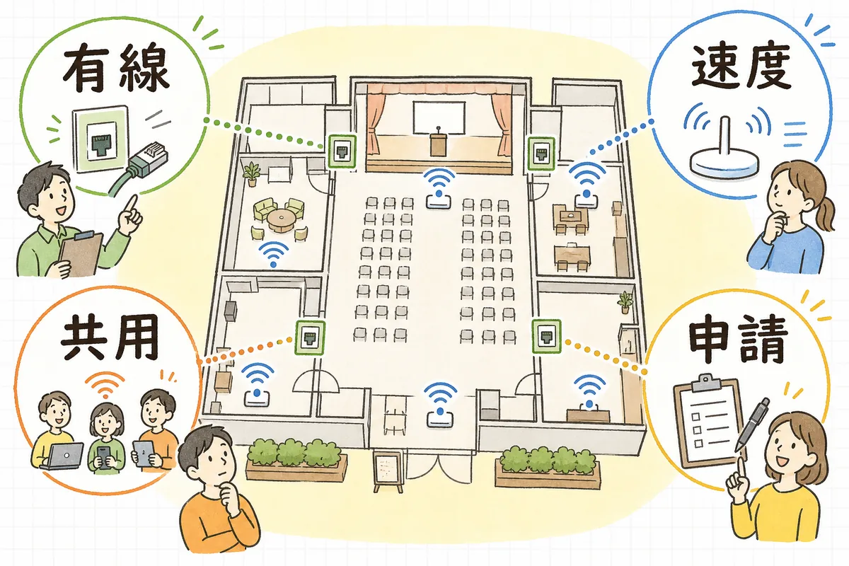 会場の通信で確認すべき有線の可否・速度・共用か専用か・使用申請の要否を並べた確認項目の図