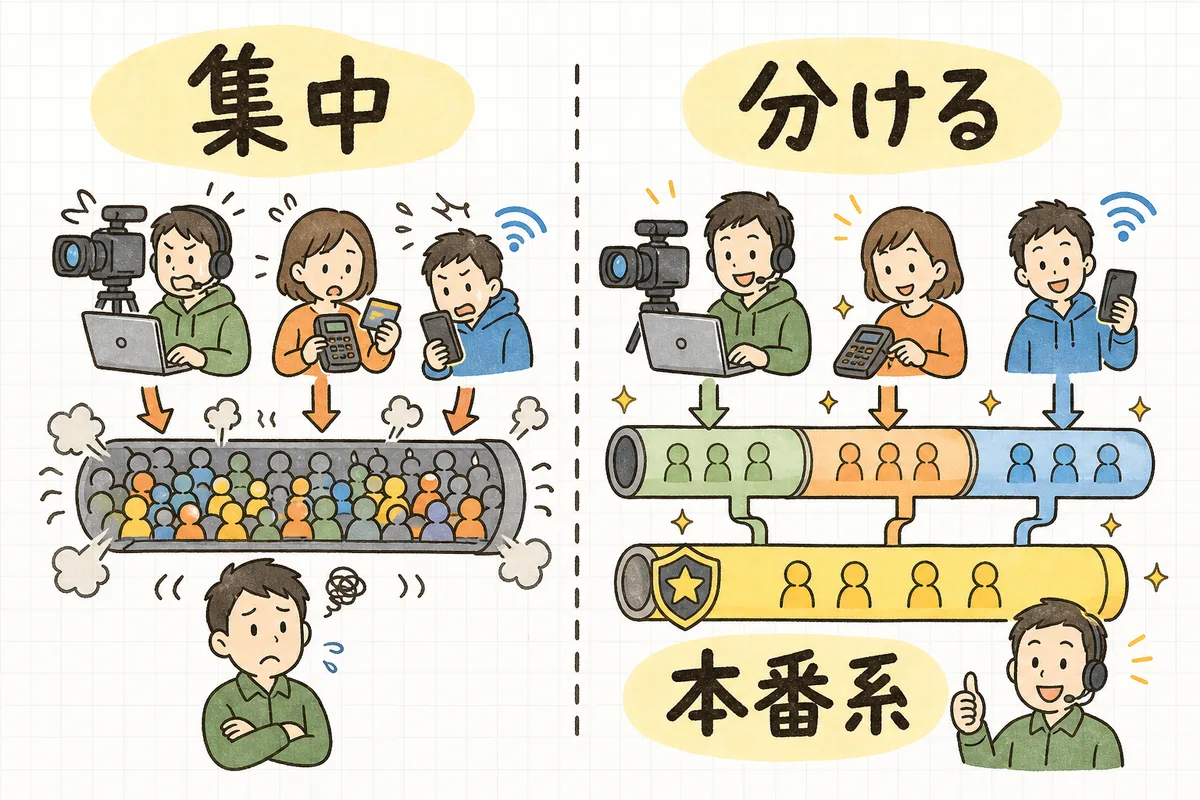 一本の回線に配信・決済・来場者Wi-Fiを集めると詰まり、本番系を分けると安定することを示した概念図