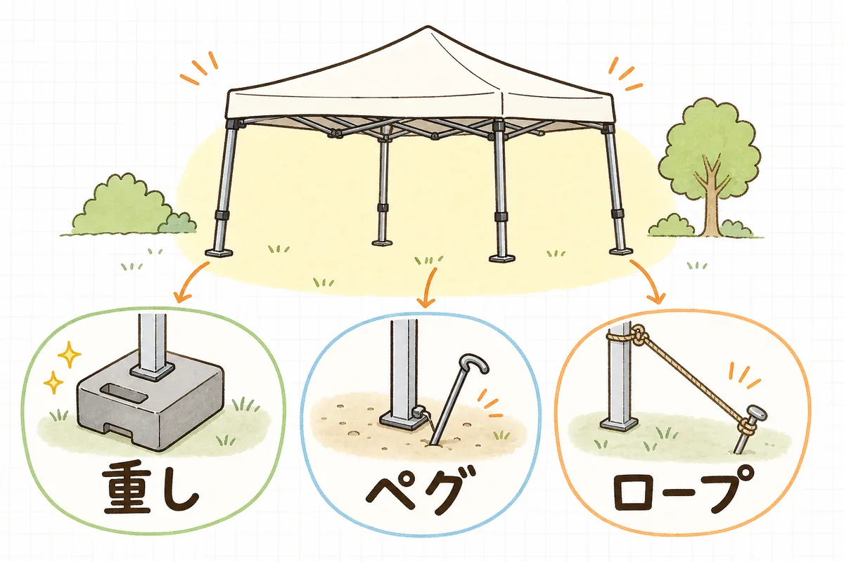 テントの脚を固定する3つの方法「重し・ペグ・ロープ」を並べて示した概念図