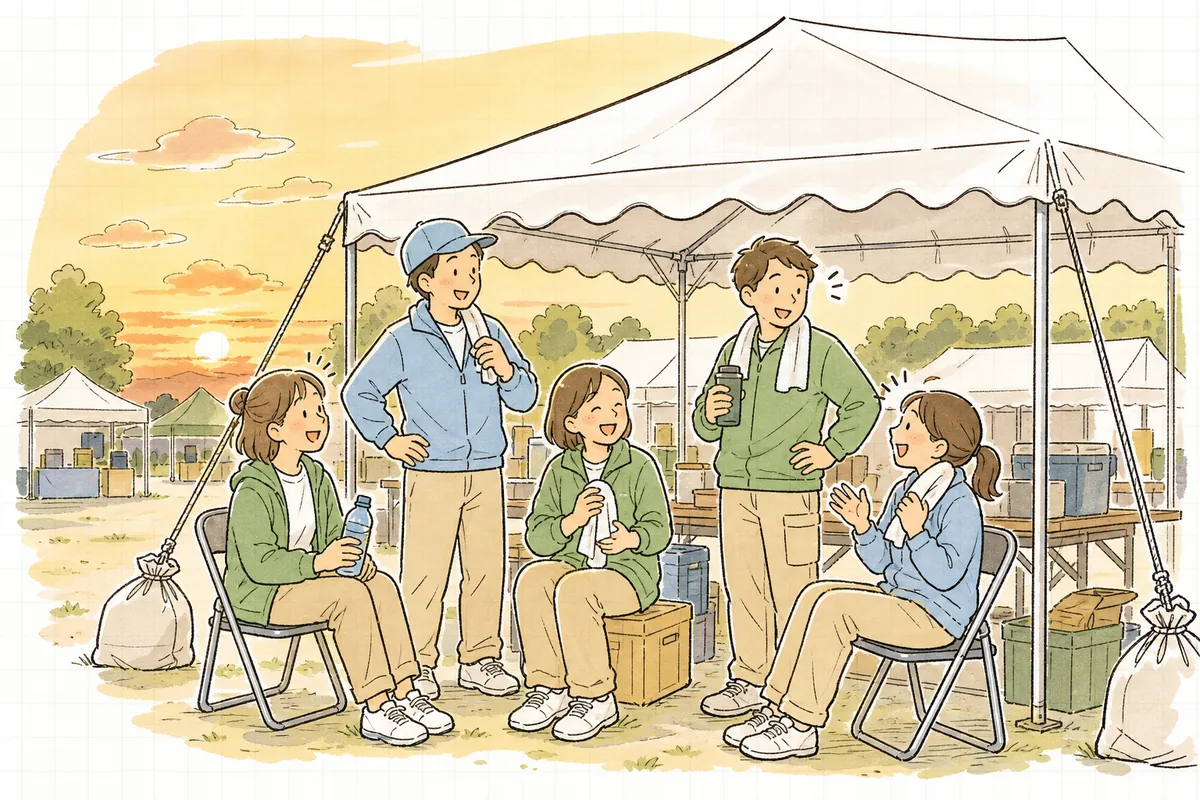 風がおさまった夕方の屋外イベント会場で、しっかり固定されたテントの下で無事に一日を終えてほっとするスタッフたちの様子
