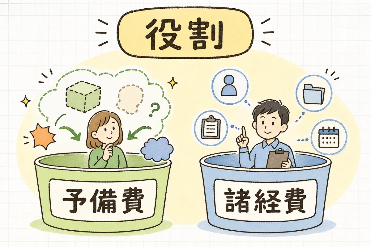 見積の中で予備費と諸経費を混ぜず、それぞれ役割の違う費目として分けて持つ考え方を示した概念図