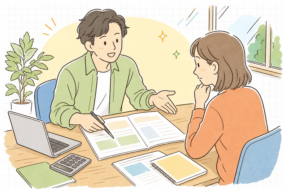 打ち合わせ机で見積書を広げ、予備費と諸経費の欄を指し示しながらクライアントに落ち着いて説明しているイベント制作ディレクター