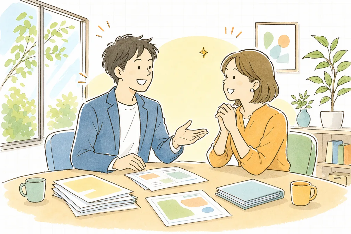 見積の説明を終え、クライアントと穏やかに合意して握手を交わすような、前向きで安心した表情のイベント制作ディレクター