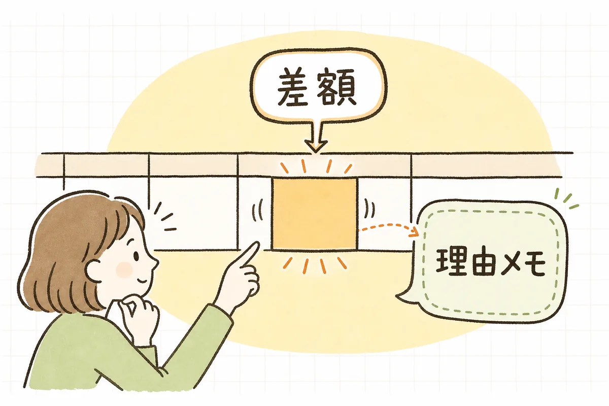 差額がマイナスに動いた費目の隣に増減の理由を短くメモしておくと、後の説明や振り返りに使えることを示した図