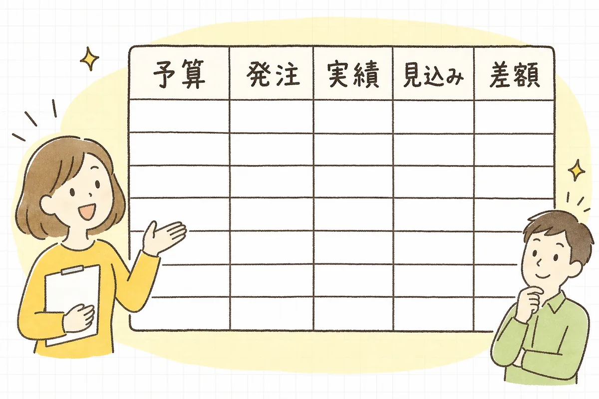 予算実績管理表が予算・発注・実績・着地見込み・差額の列で構成され、費目ごとに横へ数字が並ぶ構造を示した概念図