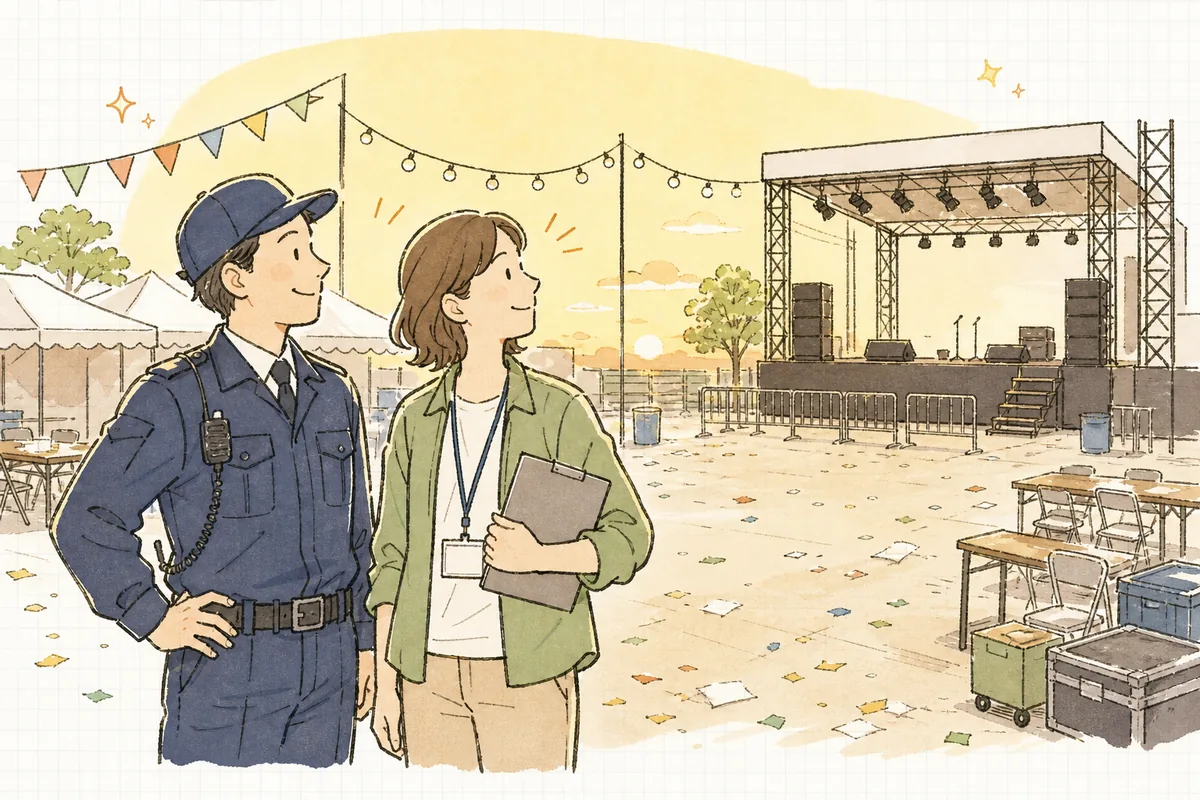 イベントが無事に終わり、来場者を最後まで見送ったあと、穏やかな表情で会場を見渡す警備責任者とディレクター