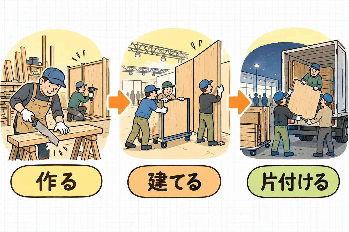 造作物の工程を3つのまとまりで示した図。左は工房で木材を切って組み立てている場面、中央は会場にパネルを運び込んで建て込んでいる場面、右は本番後にパネルをバラしてトラックに積んでいる場面