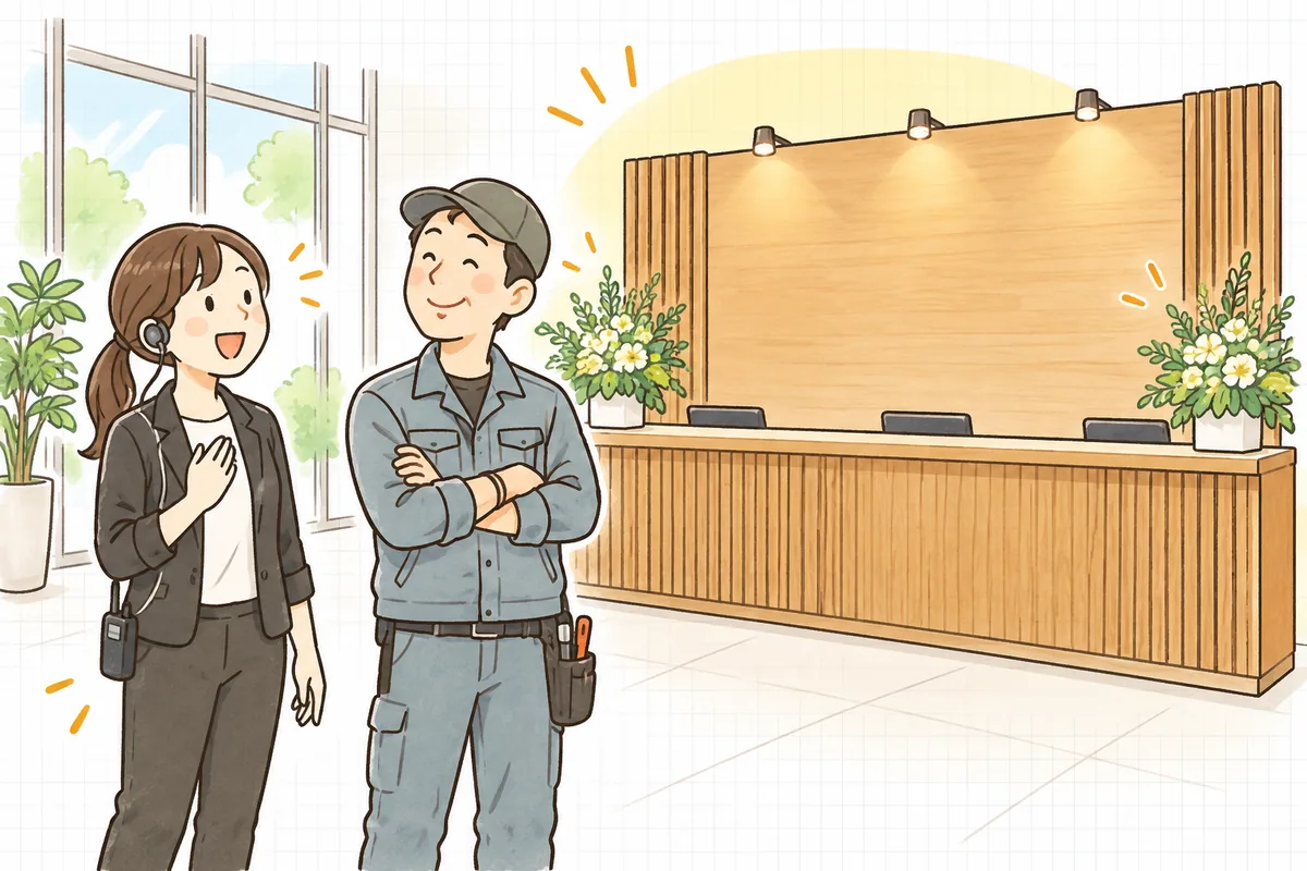 本番当日の朝、完成した木製の受付バックパネルの前で、イベント制作ディレクターと装飾会社の職人が並んで仕上がりを眺め、笑顔で言葉を交わしている