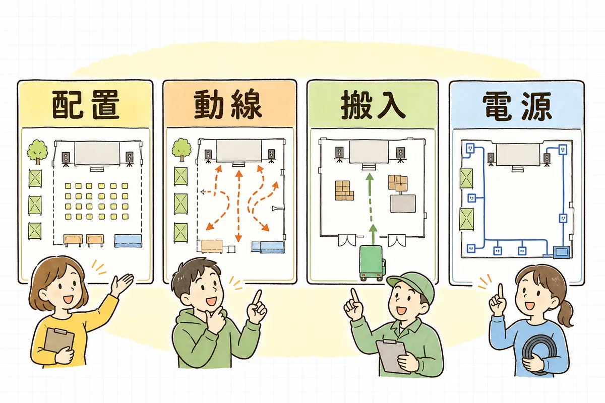 レイアウト図・動線図・搬入図・電源図など目的別に図面を分けて考えることを示した概念図